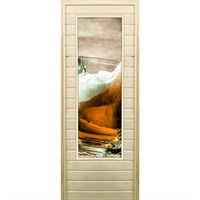 Дверь для бани со стеклом (43*129), "Кружка пенного", 170×70см, коробка из осины