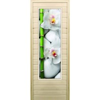 Дверь для бани со стеклом (43*129), &quot;Орхидеи и бамбук&quot;, 170×70см, коробка из осины