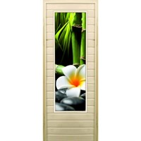 Дверь для бани со стеклом (43*129), "Цветы и бамбук", 170×70см, коробка из осины