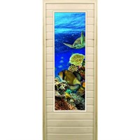 Дверь для бани со стеклом (43*129), &quot;Морской мир&quot;, 170×70см, коробка из осины
